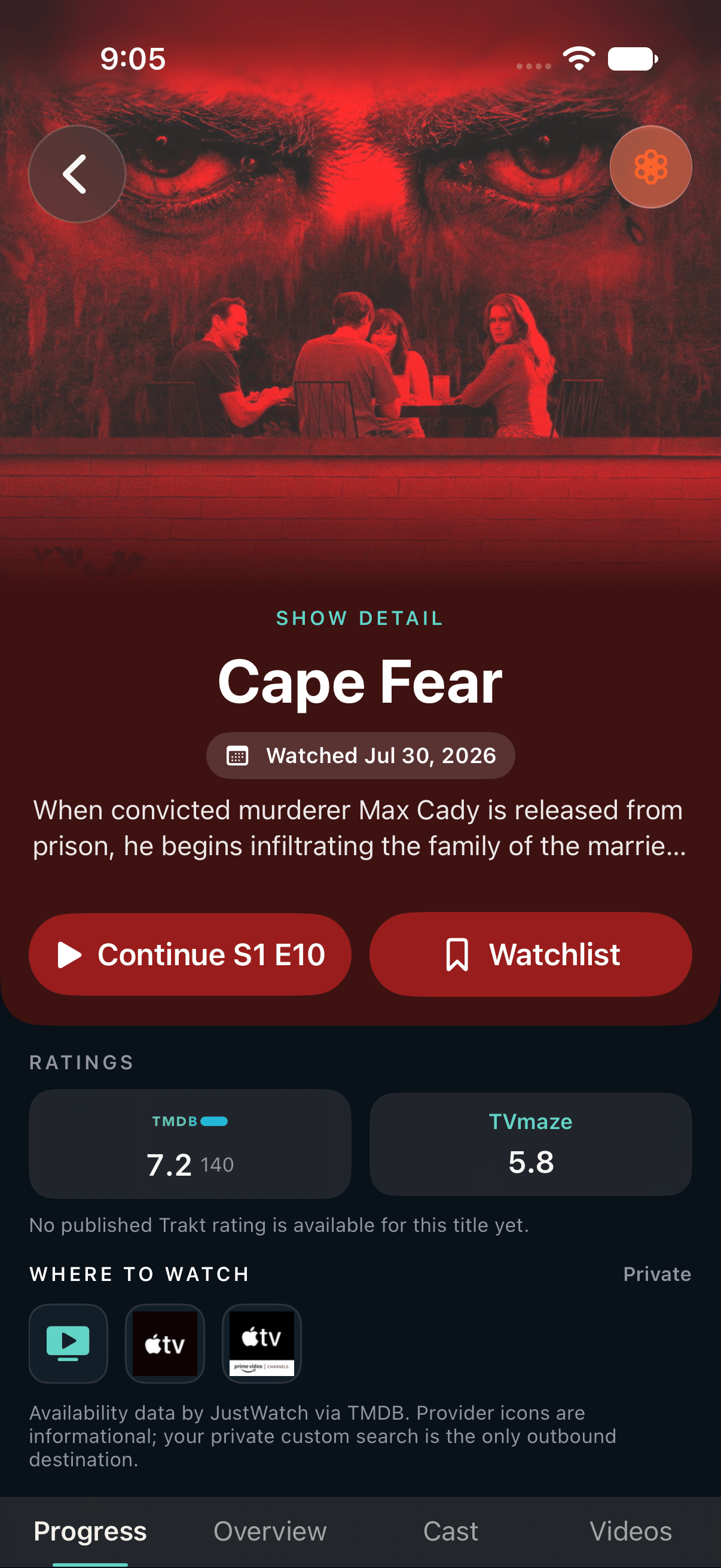 Current retained-data Cape Fear show detail with genuine art, floating controls, ratings, availability, and progress