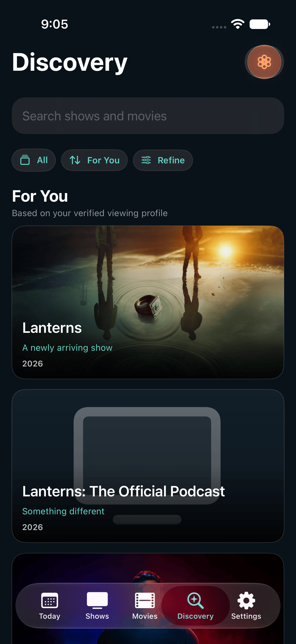 Current retained-data ShowNext Discovery screen with Since Your Last Visit, compact filters, and a vertical For You feed