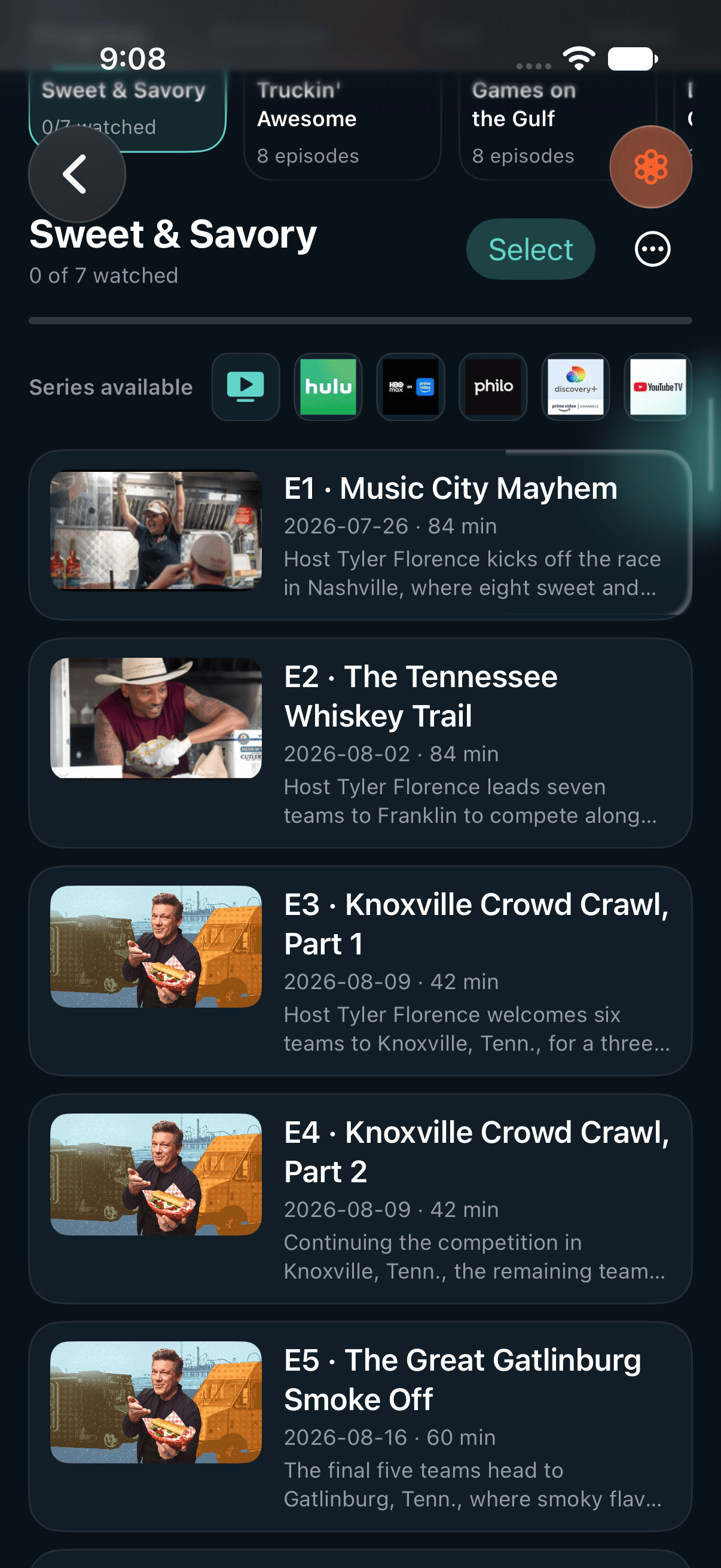 Current Great Food Truck Race progress view with newest season first and genuine episode artwork fallback