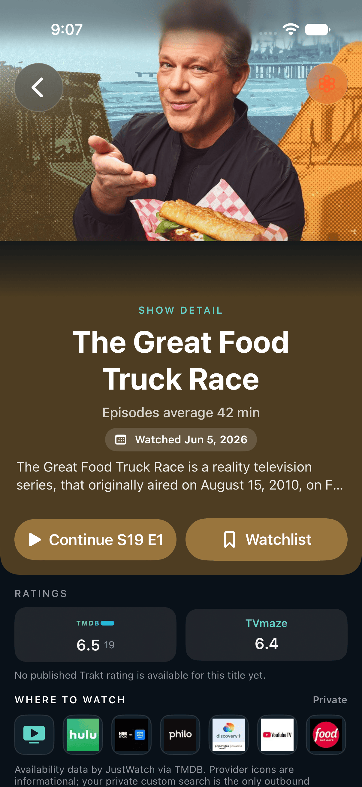 Current retained-data Great Food Truck Race detail with genuine ratings and provider availability