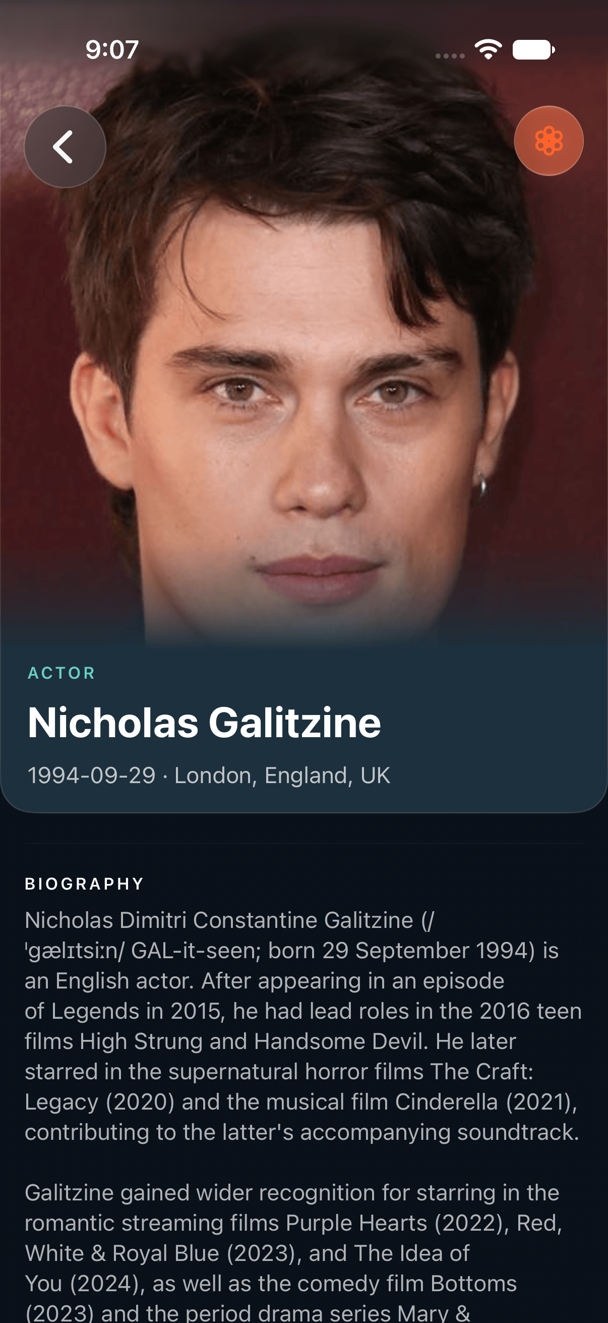 Current retained-data Nicholas Galitzine person detail with full-bleed portrait, biography, and Known For titles