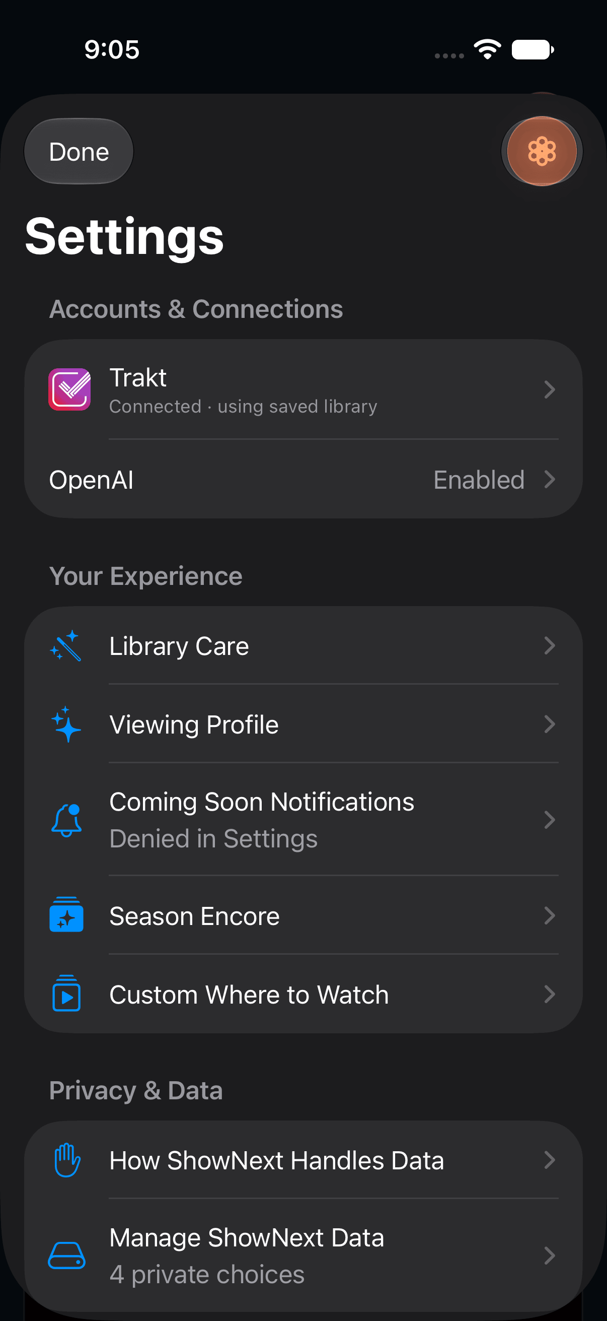 Current consumer ShowNext Settings with Trakt and OpenAI connection status leading the streamlined hierarchy