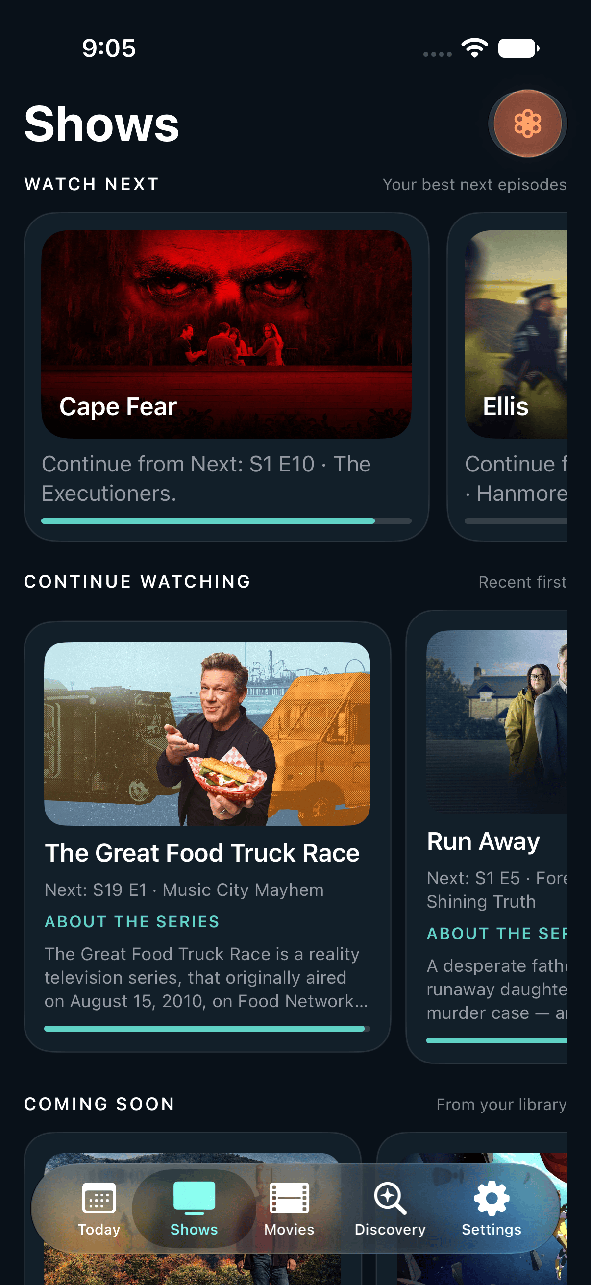 Current retained-data ShowNext Shows library with Watch Next, Continue Watching, and artwork-led shelves